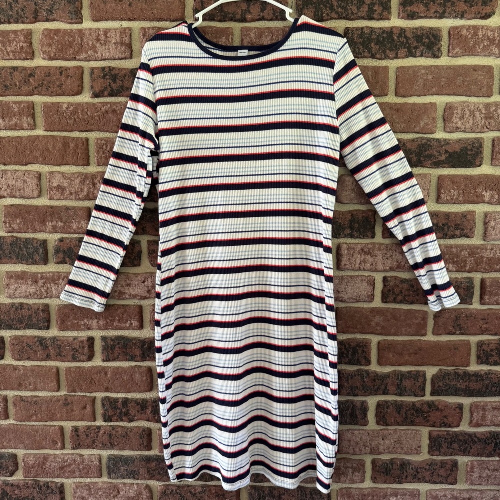 Old Navy Womens Large Slim Fitted Multi Stripe Ribbed Knit Dress Nautical Preppy